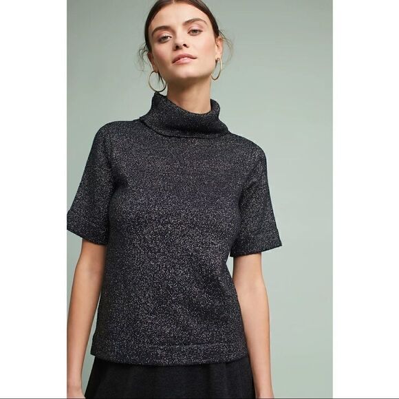 NEW Anthropologie Raga Silver Short-Sleeve Turtleneck Pullover Blouse Top Small - Picture 1 of 3